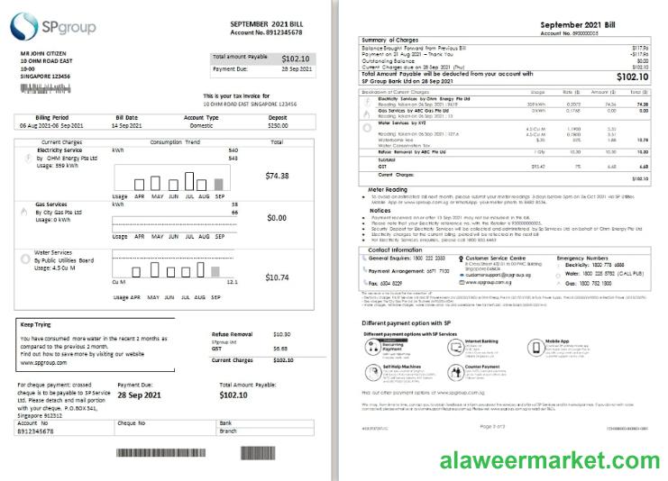 Singapore SP Group utility bill template in Word and PDF format (2 pages)